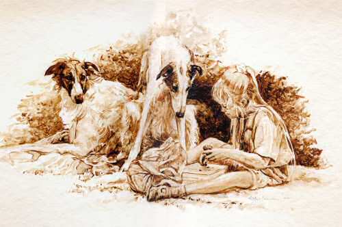 "Forbearance" Borzoi Limited Edition Print from Original Sepia Wash by Roger Inman