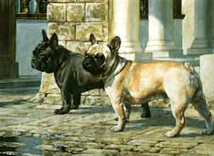 "The Village Watch" French Bulldogs Original Oil Painting by Roger Inman