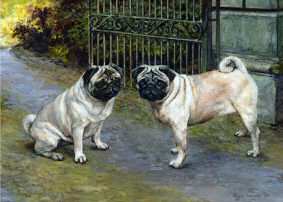 "Companions at the Gate" Limited Edition Pug Fine Art Print by British Artist Roger Inman