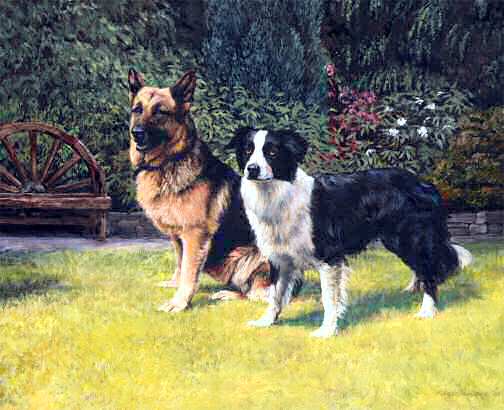 "The Good Shepherds" German Shepherd and Border Collie Limited Edition Print by British Artist Roger Inman